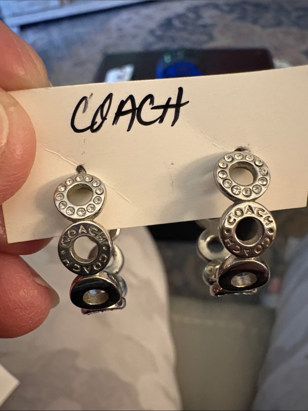 Coach Silver and Gold Logo Hoop Drop Earrings with Crystal Accents - Picture 4 of 5